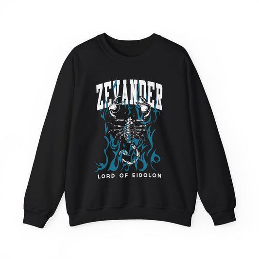 Thtgrlreads oversized crewneck sweatshirt from The Eating Woods collection featuring vintage wash black Comfort Colors fabric with bold graphic print saying "Zevander" and "Lord of Eidolon.
