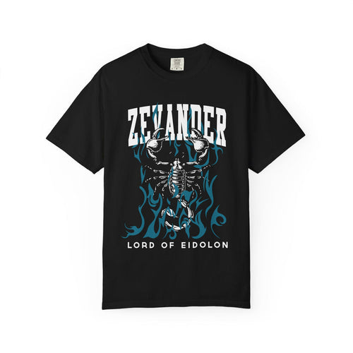 Thtgrlreads black Comfort Colors graphic tee from The Eating Woods collection featuring a bold vintage puff print of a scorpion with "Zevander" and "Lord of Eidolon" text, combining bookish fantasy themes with premium soft, vintage-washed fabric.