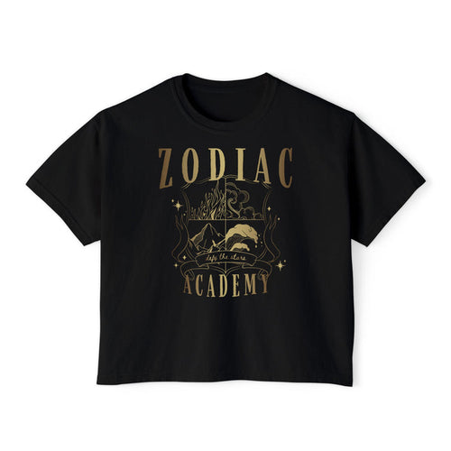 Zodiac Academy graphic crop top from thtgrlreads features a vintage-wash black Comfort Colors base with a bold metallic print of mystical symbols, combining fantasy and romance themes.