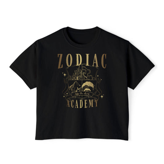 Zodiac Academy graphic crop top from thtgrlreads features a vintage-wash black Comfort Colors base with a bold metallic print of mystical symbols, combining fantasy and romance themes.
