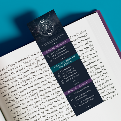 Bookmark from the Zodiac Academy collection by thtgrlreads featuring a celestial design with a reading order checklist for the Zodiac Academy and Ruthless Boys of the Zodiac books, styled in elegant fonts and a dark starry background.