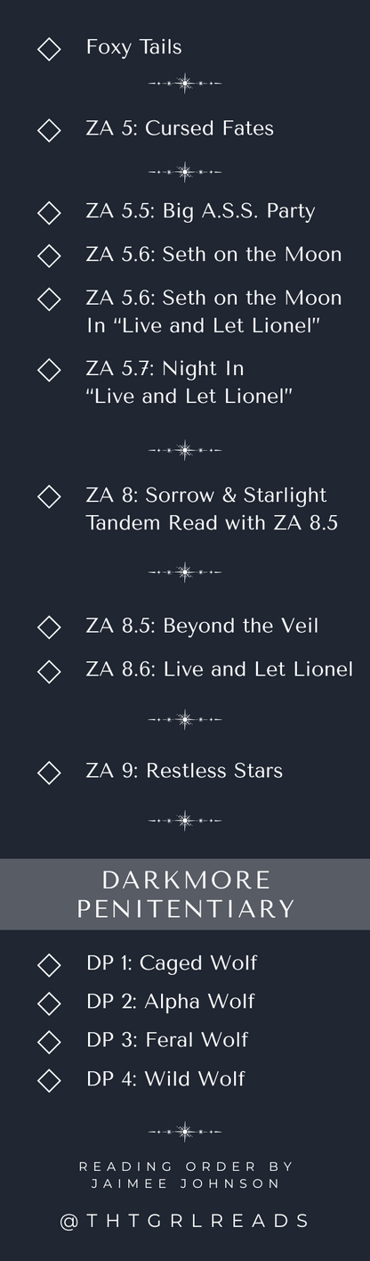 Zodiac Academy reading order bookmark by thtgrlreads featuring a dark background with white serif typography listing book titles and series divisions from Zodiac Academy and Darkmore Penitentiary collections.