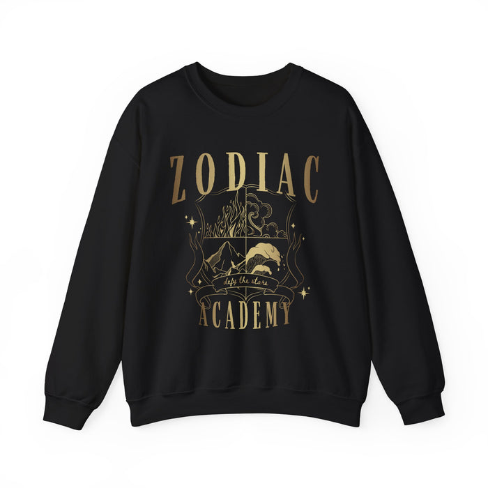Zodiac Academy crewneck sweatshirt by thtgrlreads features a vintage-style gold graphic with celestial and mountain imagery on a black Comfort Colors base, part of the Zodiac Academy collection.
