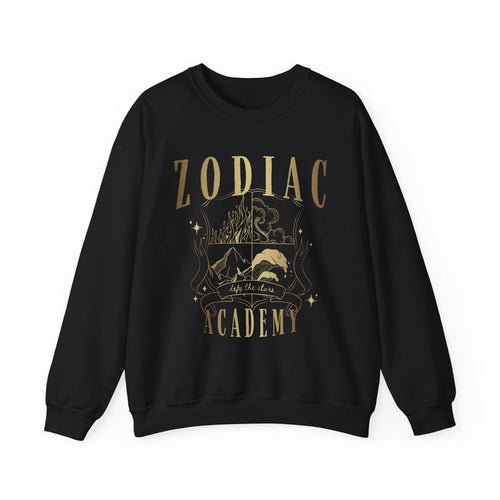 Zodiac Academy crewneck sweatshirt by thtgrlreads features a vintage-style gold graphic with celestial and mountain imagery on a black Comfort Colors base, part of the Zodiac Academy collection.