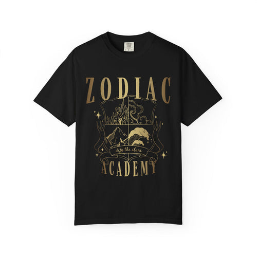 Zodiac Academy comfort colors graphic tee from thtgrlreads features a vintage-inspired design with celestial and landscape elements in muted gold tones, part of the Zodiac Academy collection.