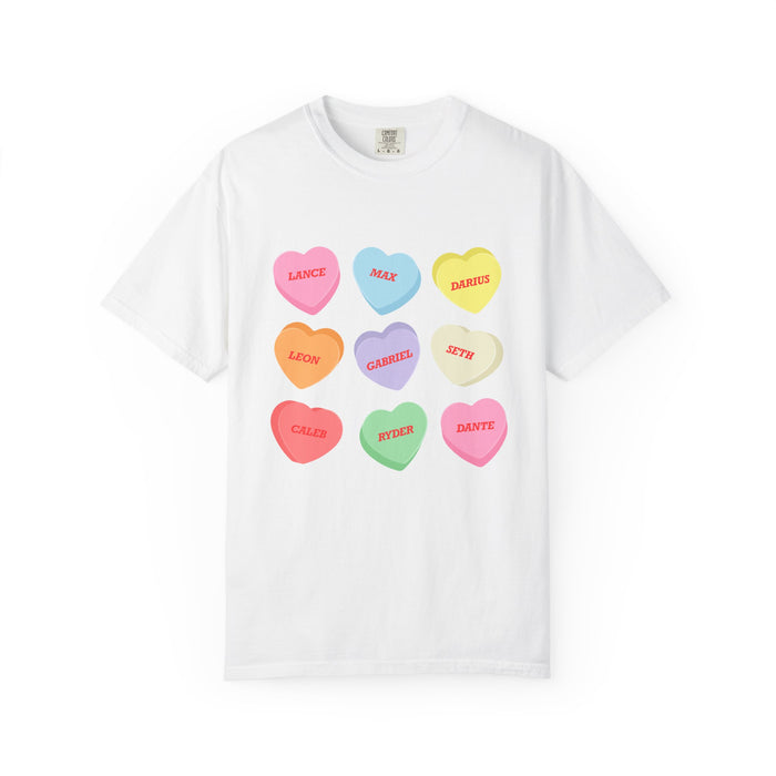 Thtgrlreads Zodiac Academy white Comfort Colors graphic tee featuring colorful candy heart designs with names from the Ruthless Boys of the Zodiac collection.