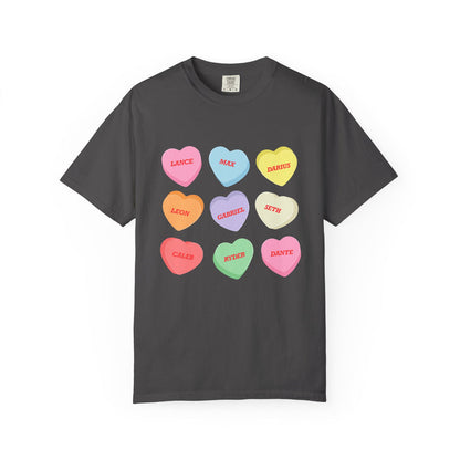 Thtgrlreads Zodiac Academy collection charcoal Comfort Colors graphic tee featuring colorful candy heart designs with names from the Ruthless Boys of the Zodiac series.