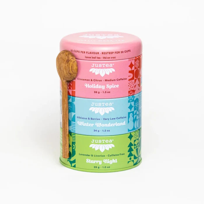 Justea TeaTrioTinSetw/HandCarvedSpoon HolidayTrio